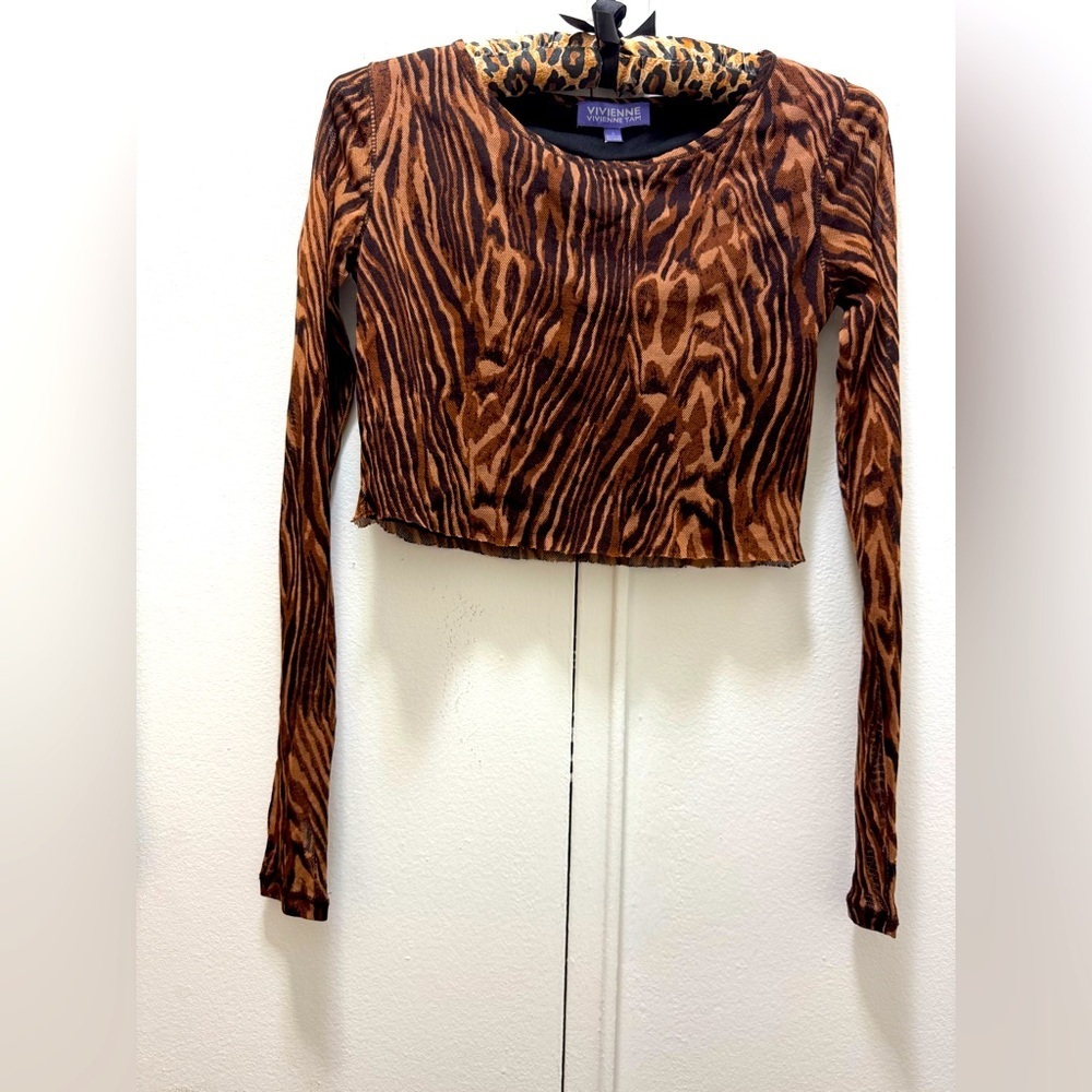 Vintage Vivienne Tam Long Sleeve Top Leopard Sheer Mesh Lined Small Cropped